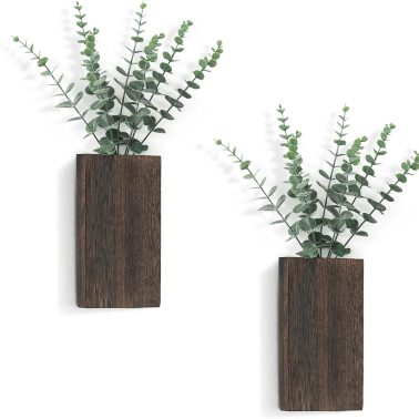 2 Pack Wood Wall Planter Vase with Artificial Eucalyptus Farmhouse Wall Hanging Decor Pocket Planter for Indoor Fake Plants Greenery, Living Room Bedroom Kitchen Home Office Decoration