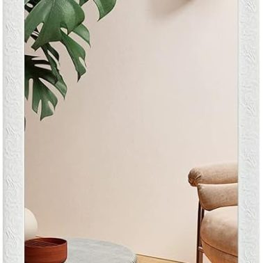 LFT HUIMEI2Y Door Mirror Full Length, Wall-Mounted Mirror Rectangle Tall with Engraving Frame, Over The Door Hanging Mirror for Bedroom, Living Room, Dressing Room, White 50" x14"