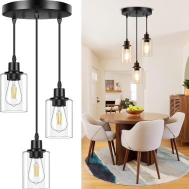 Licperron 3-Light Pendant Light Fixtures, Black Pendant Lights Kitchen Island, Adjustable Pendant Lighting with Clear Glass Shade, Modern Hanging Light Fixtures for Dining Room, Hallway, Living Room