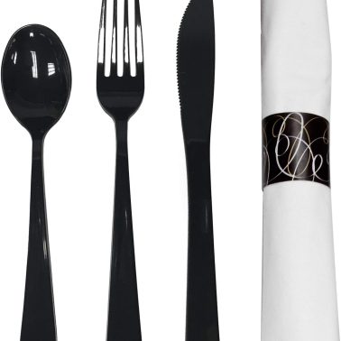 Party Essentials Pre-Rolled Disposable Extra Heavy Duty Plastic Cutlery Kit with Black Fork/Knife/Spoon and 3-Ply White Napkin (Case of 100 rolls)
